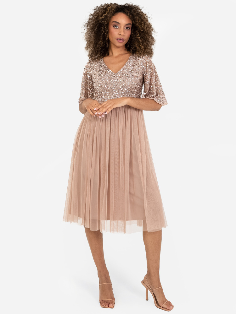 Maya Taupe Blush Short Flutter Sleeve Embellished Midi Dress