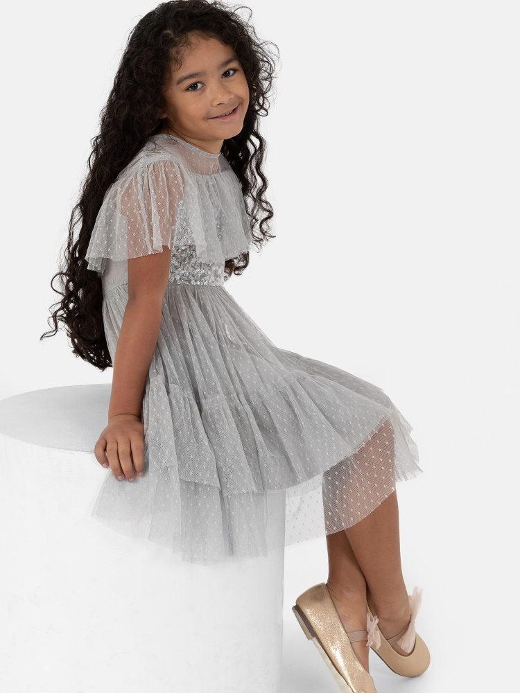 Mini Maya Soft Grey Embellished Bodice & Dotty Tulle Midi Dress