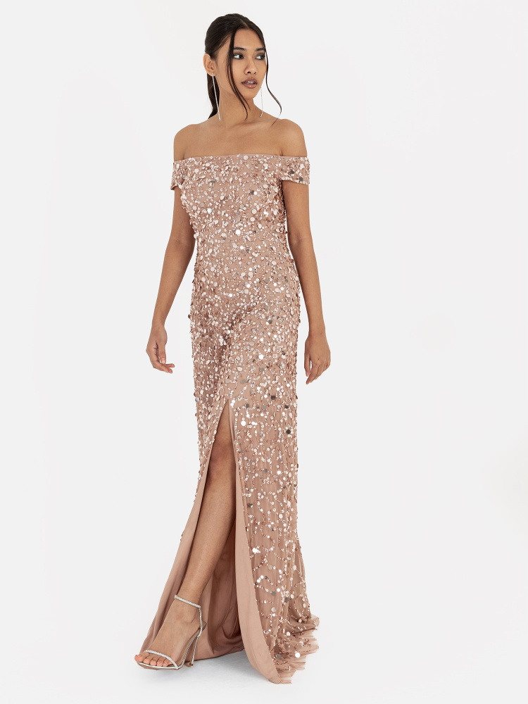 Maya Taupe Blush Fully Embellished Bardot Maxi Dress