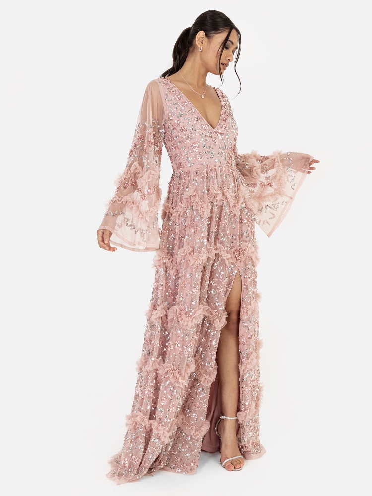 Maya Pink Fully Embellished Maxi Dress with Frill Detail 