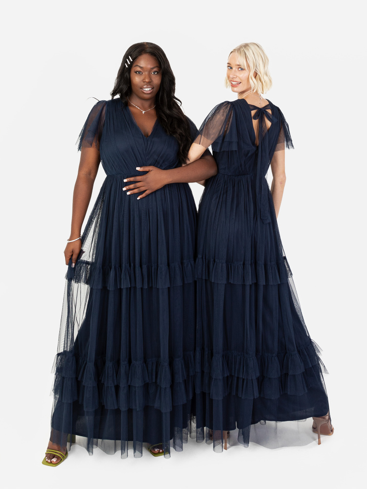 Anaya With Love Recycled Navy Ruffle Maxi Dress with Keyhole Detail