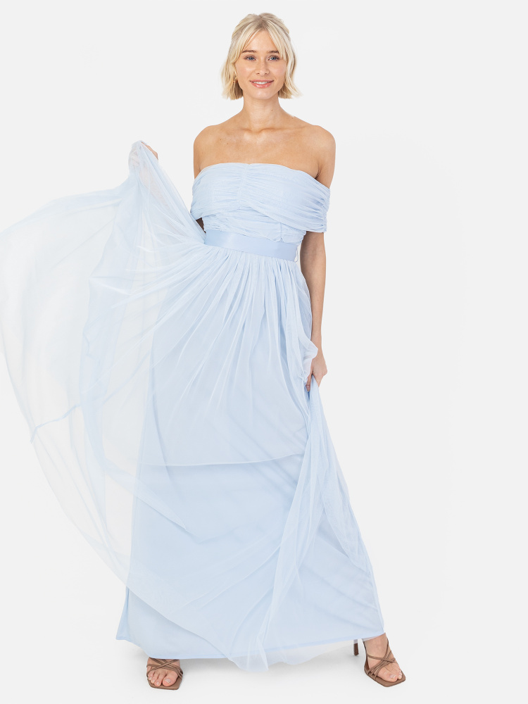 Anaya With Love Recycled Light Blue Bardot Maxi Dress with Sash Belt