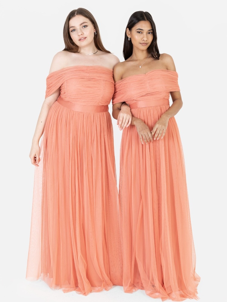 Anaya With Love Recycled Coral Pink Bardot Maxi Dress with Sash Belt