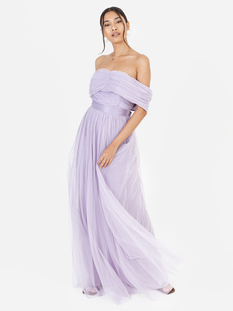Anaya With Love Recycled Dusty Lilac Bardot Maxi Dress with Sash Belt