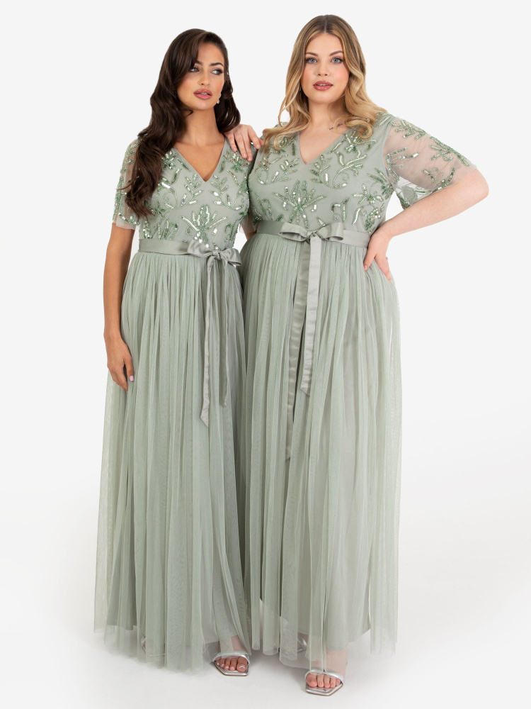 Maya Sage Green Floral Embellished Maxi Dress with Sash Belt