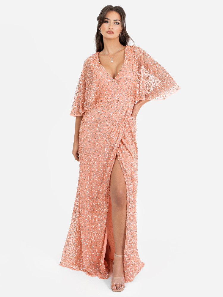 Maya Apricot Fully Embellished Faux Wrap Maxi Dress