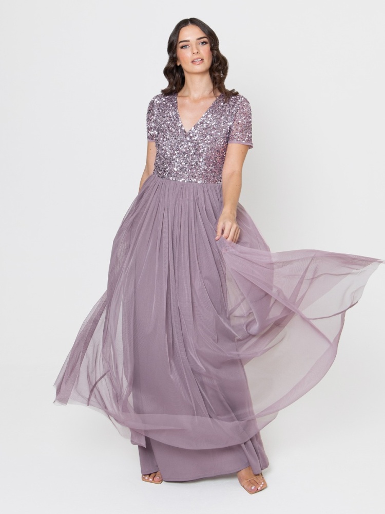  Maya Moody Lilac Short Sleeve V Neckline Embellished Maxi Dress 