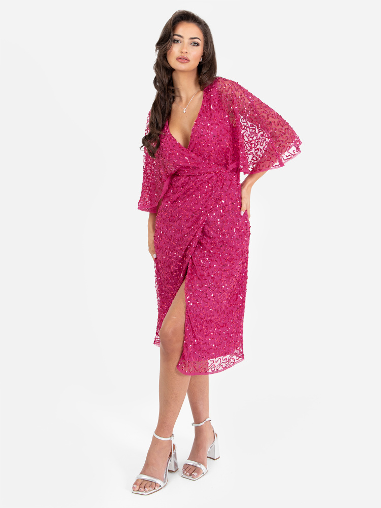 Maya Fuchsia Fully Embellished Faux Wrap Midi Dress