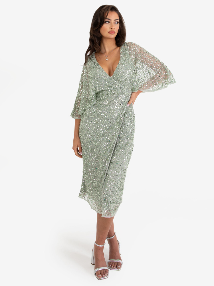 Maya Sage Green Fully Embellished Faux Wrap Midi Dress