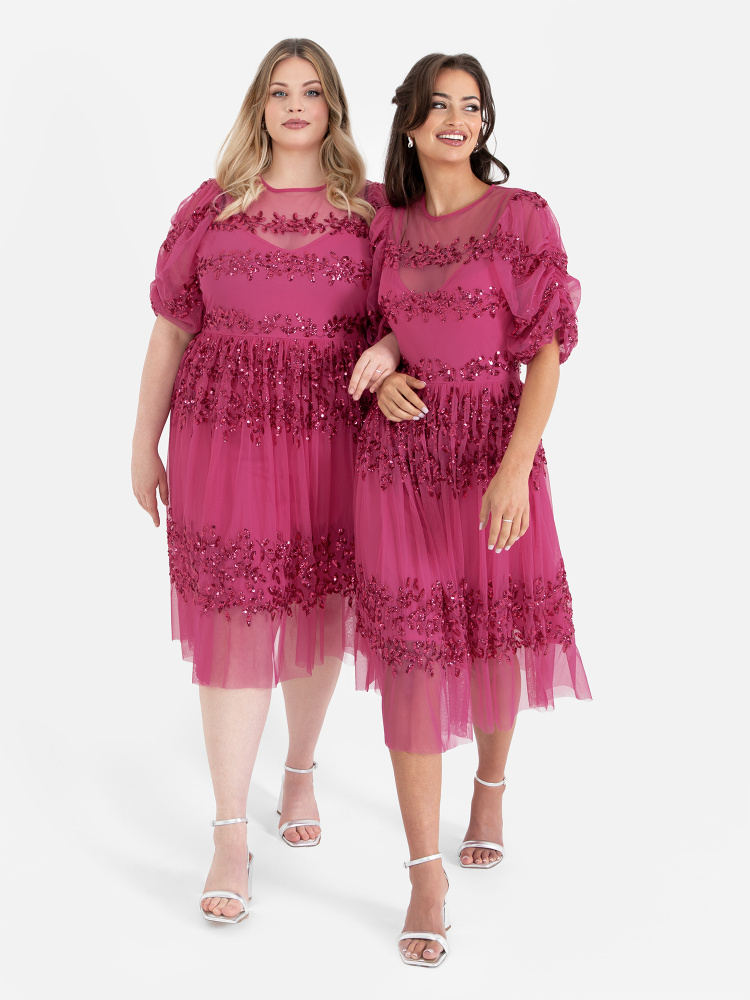 Maya Hot Pink Floral Embellished Ruched Sleeve Midi Dress