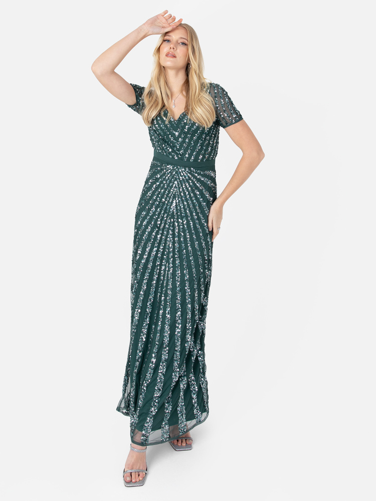 Maya Emerald Green Short Sleeve Stripe Embellished Maxi Dress