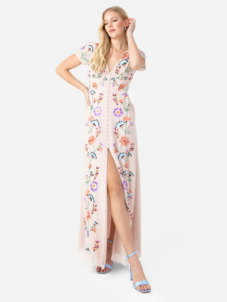 Maya Floral Embroidery & Faux Button Front Maxi Dress