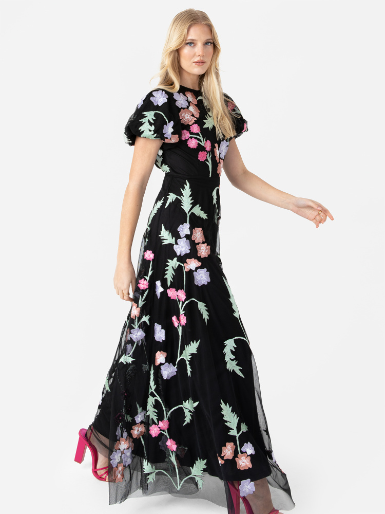 Maya Floral Embroidery & Open Back Black Maxi Dress 