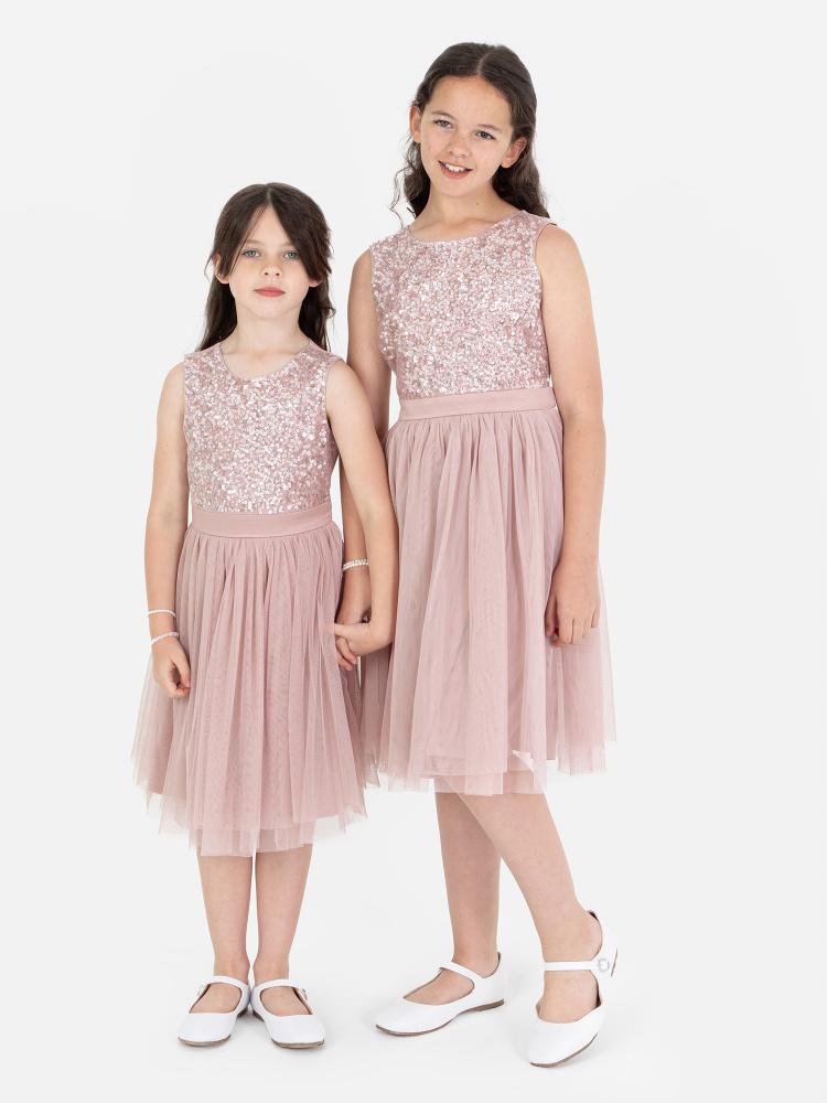  Mini Maya Frosted Pink Delicate Sequin Midi Dress with Bow