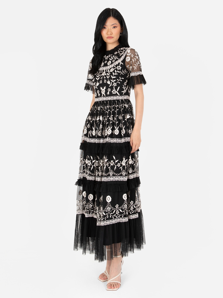 Maya Black Embroidered Tiered Midi Dress with Frill Detail