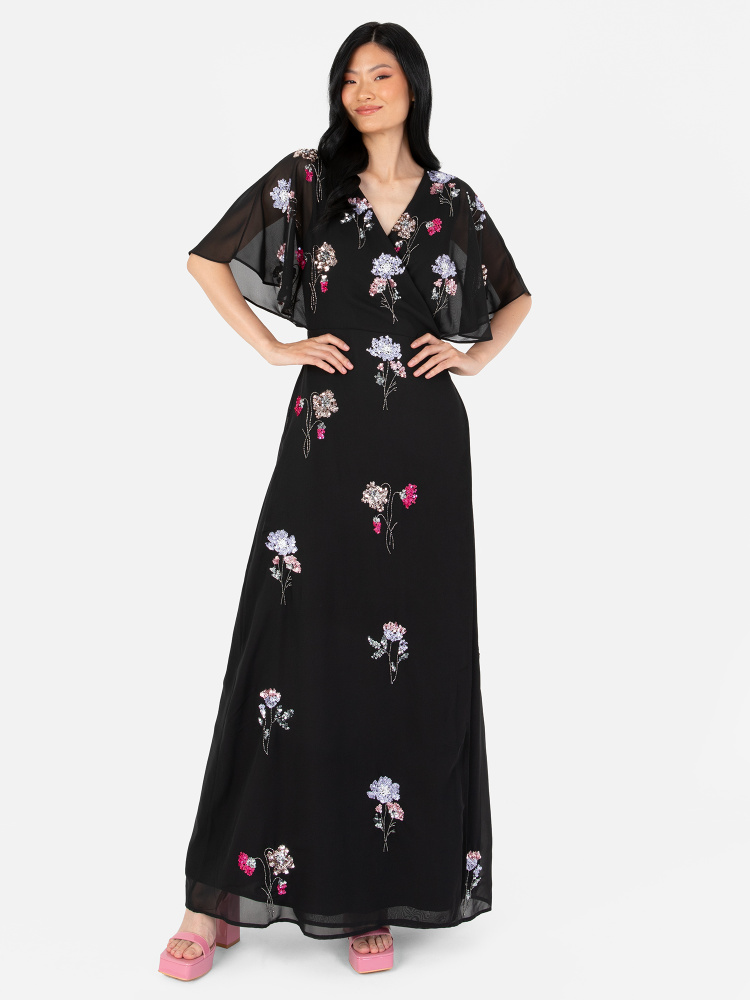 Maya Black Floral Embellished Wrap Maxi Dress