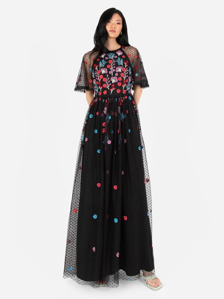 Maya Black Floral Embroidered Spot Mesh Maxi Dress