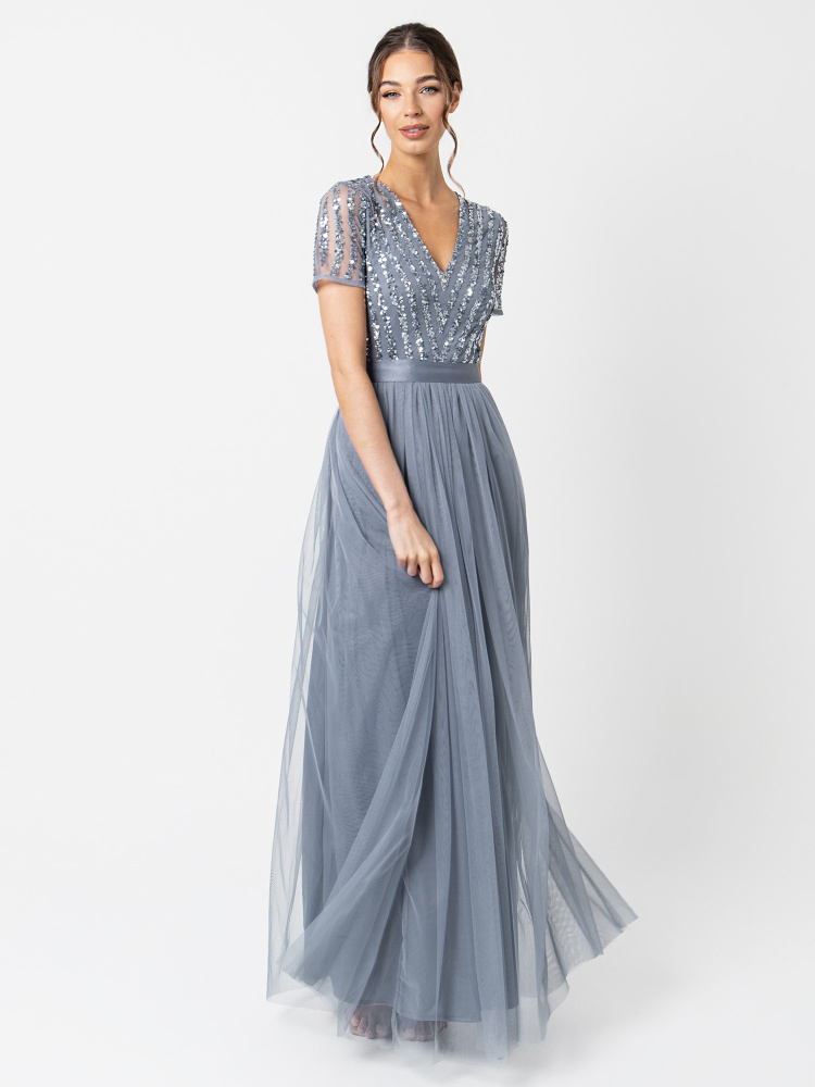 Maya Dusty Blue Stripe Embellished Maxi Dress With Sash Belt