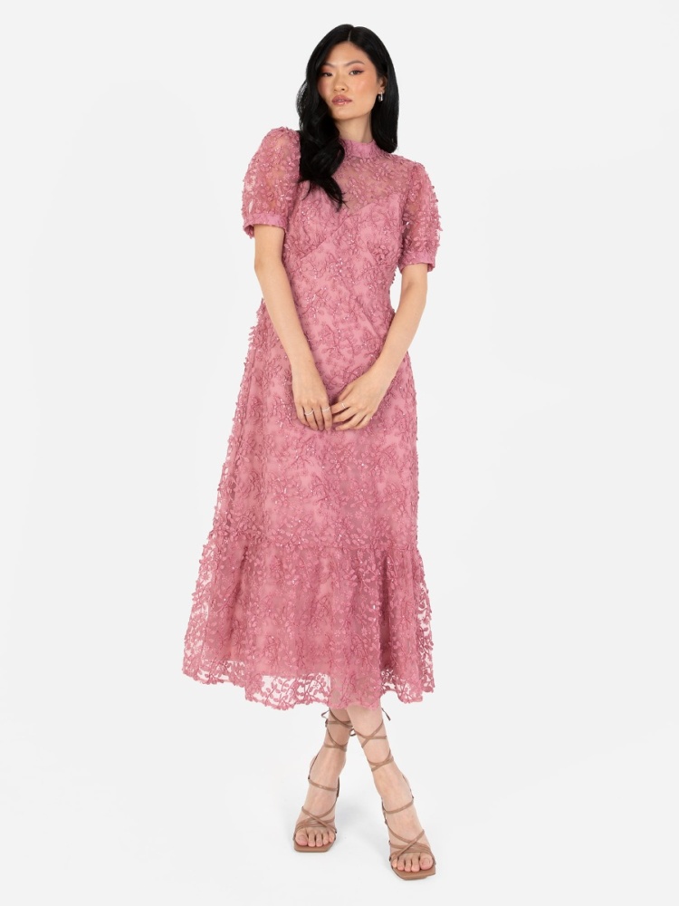 Maya Pink Floral Embroidery & Sequin High Neck Midi Dress