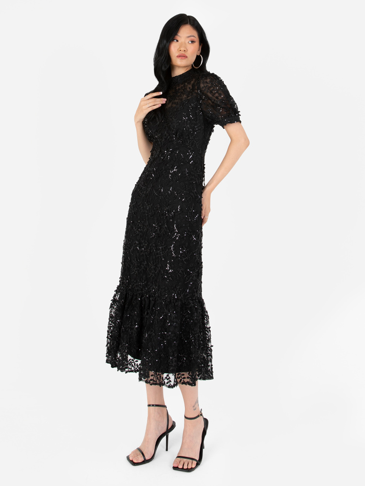 Maya Black Floral Embroidery & Sequin High Neck Midi Dress
