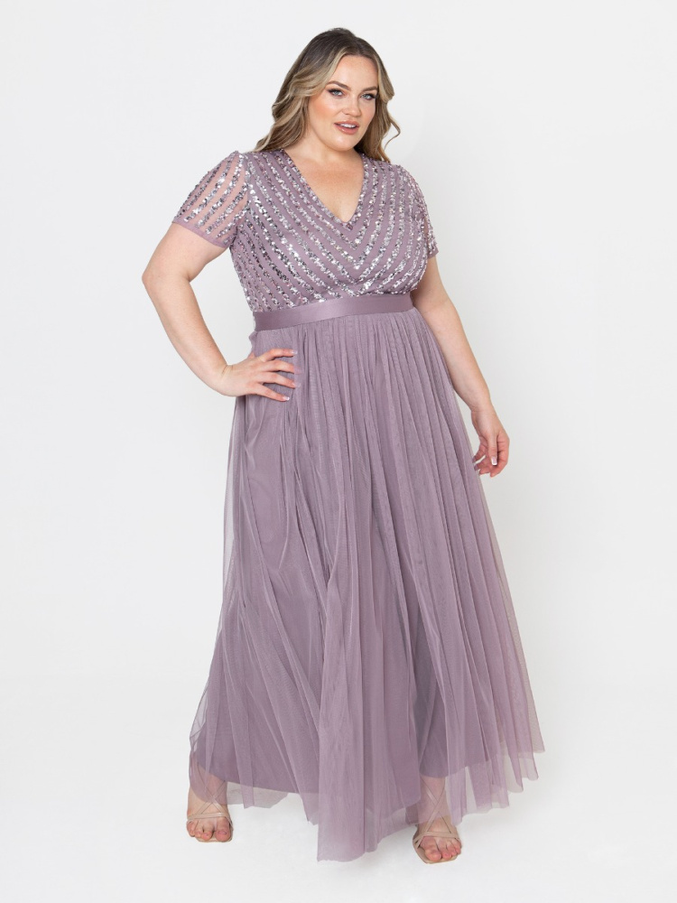 Maya Moody Lilac Stripe Embellished Maxi Dress With Sash Belt