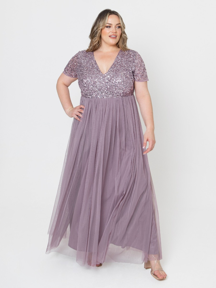  Maya Curve Moody Lilac Short Sleeve V Neckline Embellished Maxi Dress 