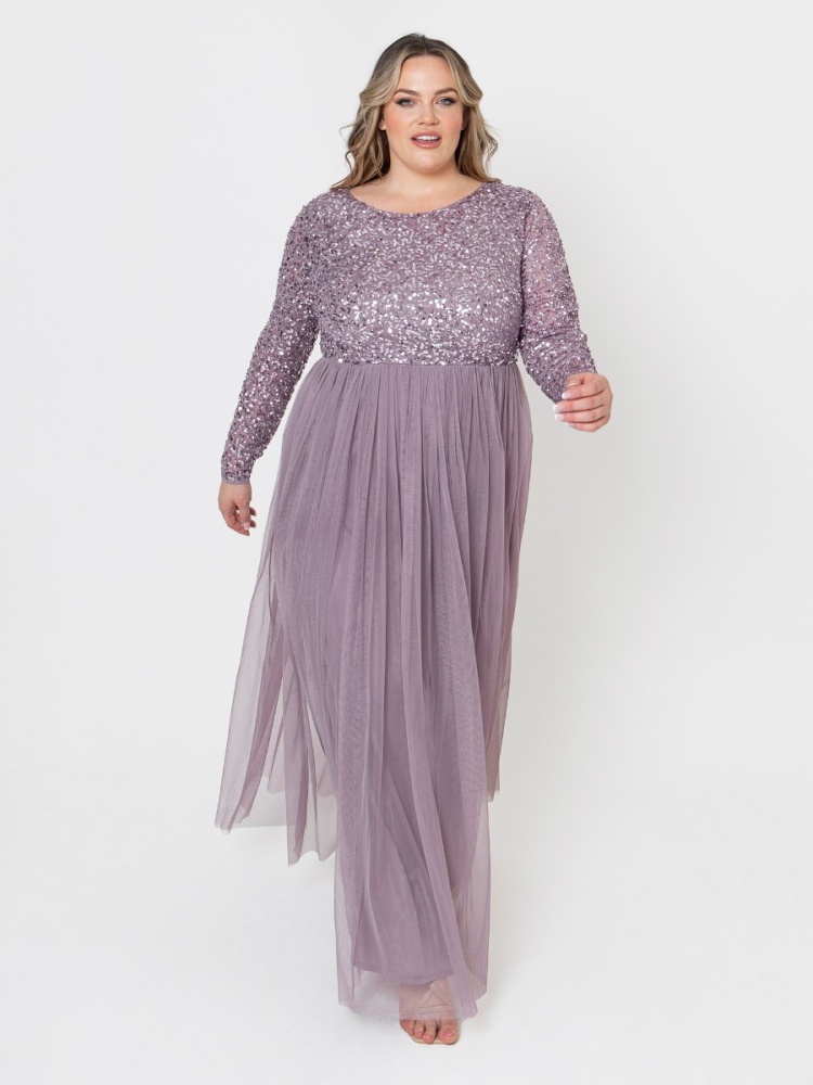 Maya Curve Moody Lilac Embellished Long Sleeve Maxi Dress