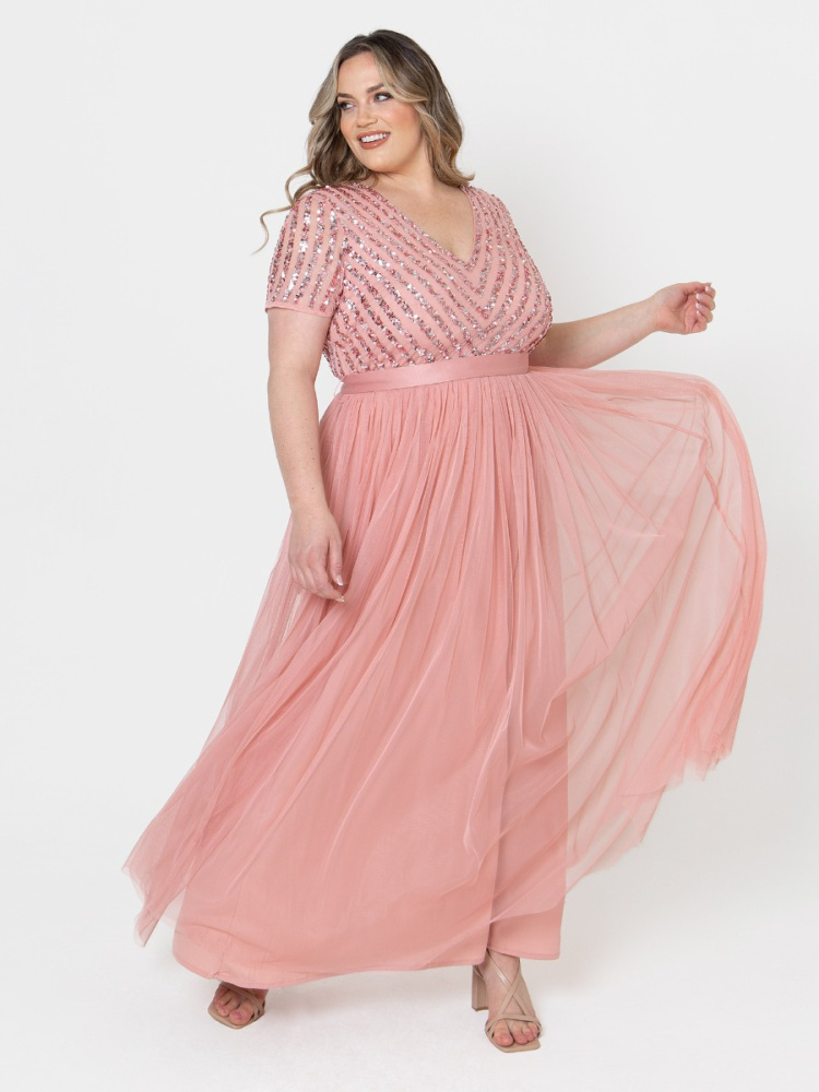 Maya Curve Blossom Pink Stripe Embellished Maxi Dress With Sash Belt