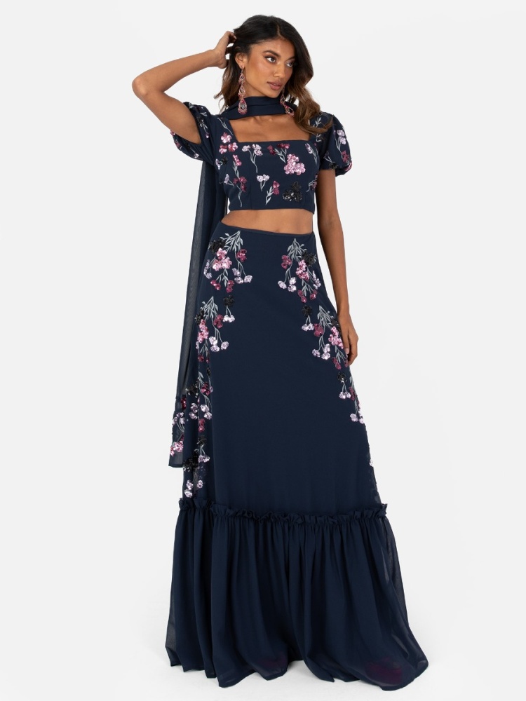 Maya navy Floral Sequin & Embroidery Lehenga Maxi Skirt