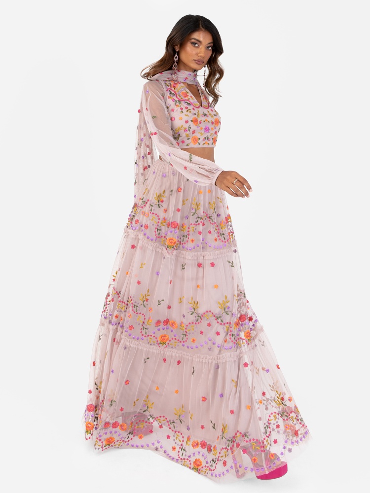 Maya Pink Embroidery Ruffled Lehenga Maxi Skirt