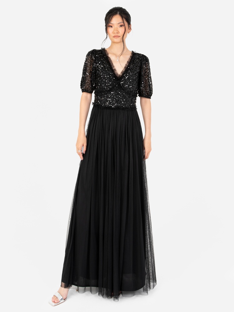 Maya Black Short Sleeve Embellished Maxi Dress With Frill Detail