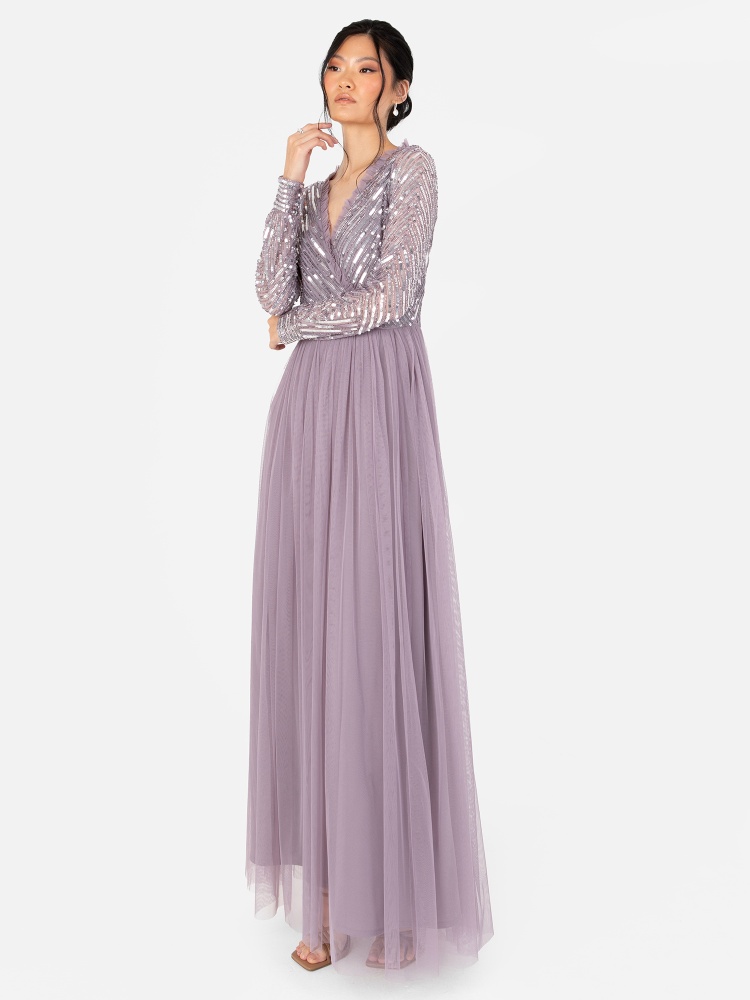 Maya Moody Lilac Stripe Embellished Faux Wrap Bodice Maxi Dress