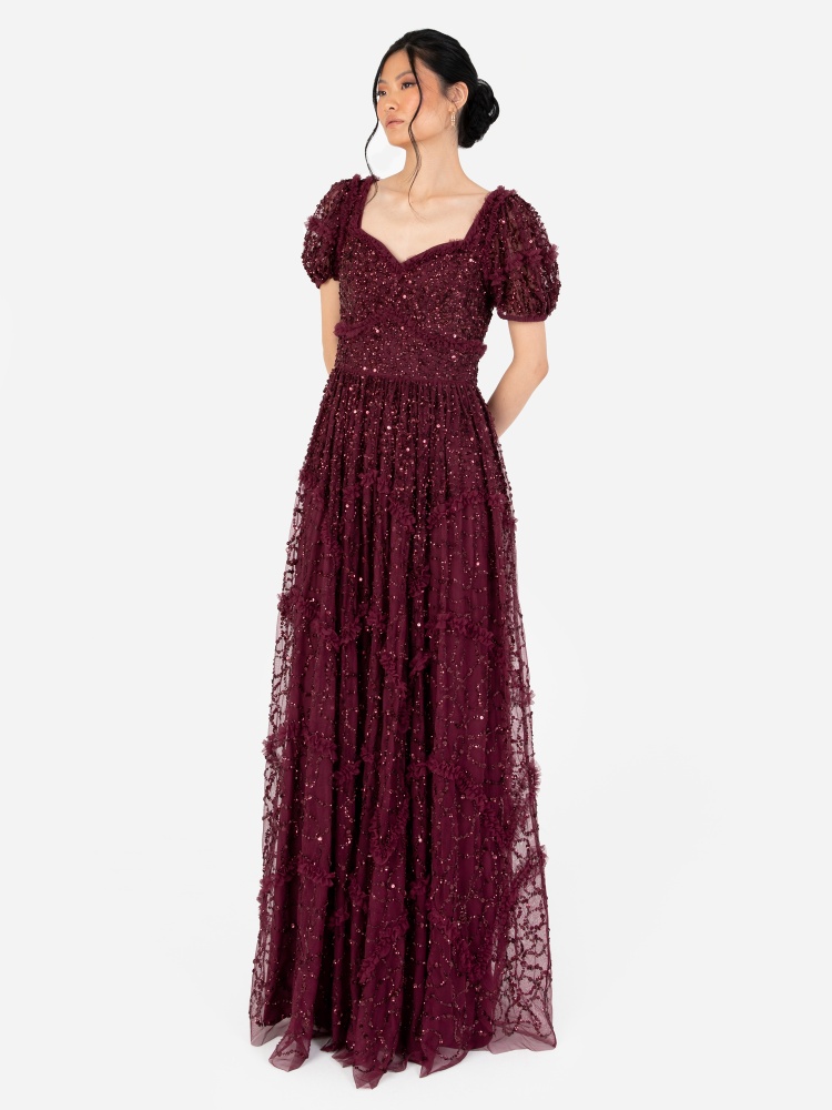 Maya Red Berry All Over Embellished Maxi Dress with Frill Detail