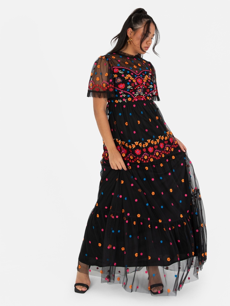 Maya Black Fully Embroidered Maxi Dress