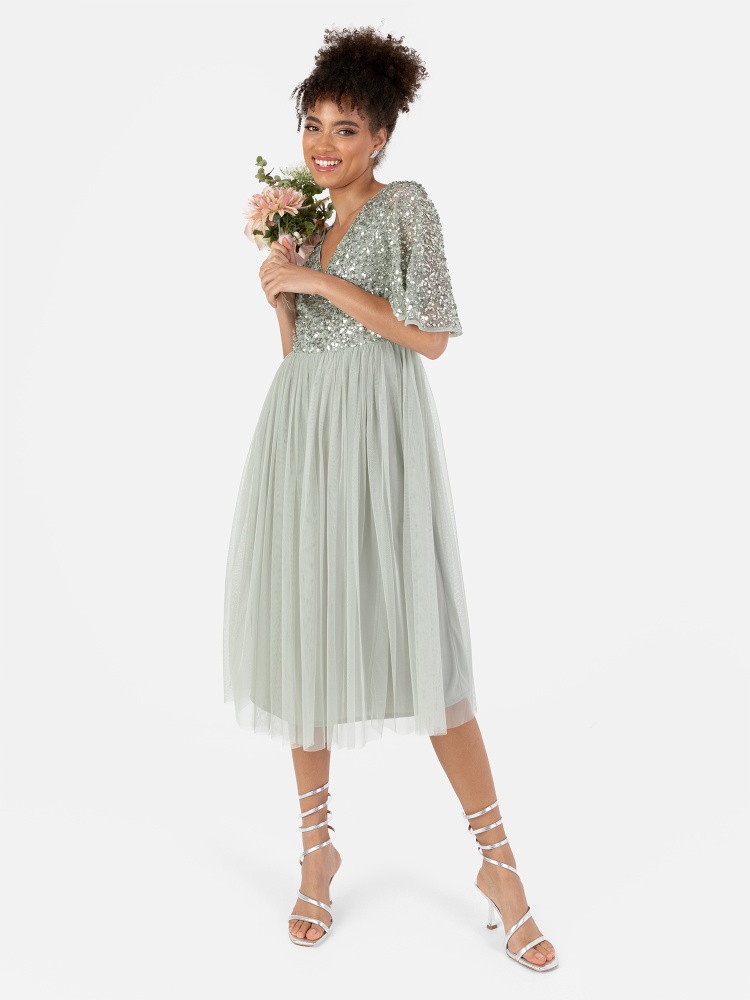 Maya Green Lily Short Flutter Sleeve Embellished Midi Dress