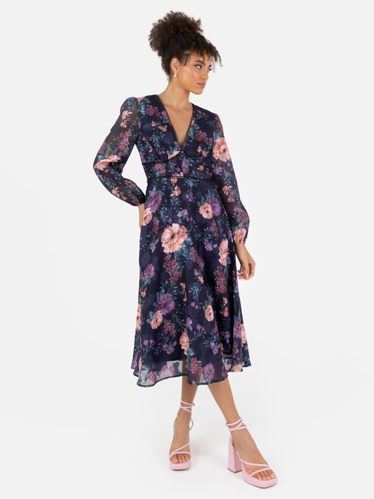 Anaya With Love Recycled Floral Long Sleeve Navy Midi Dress