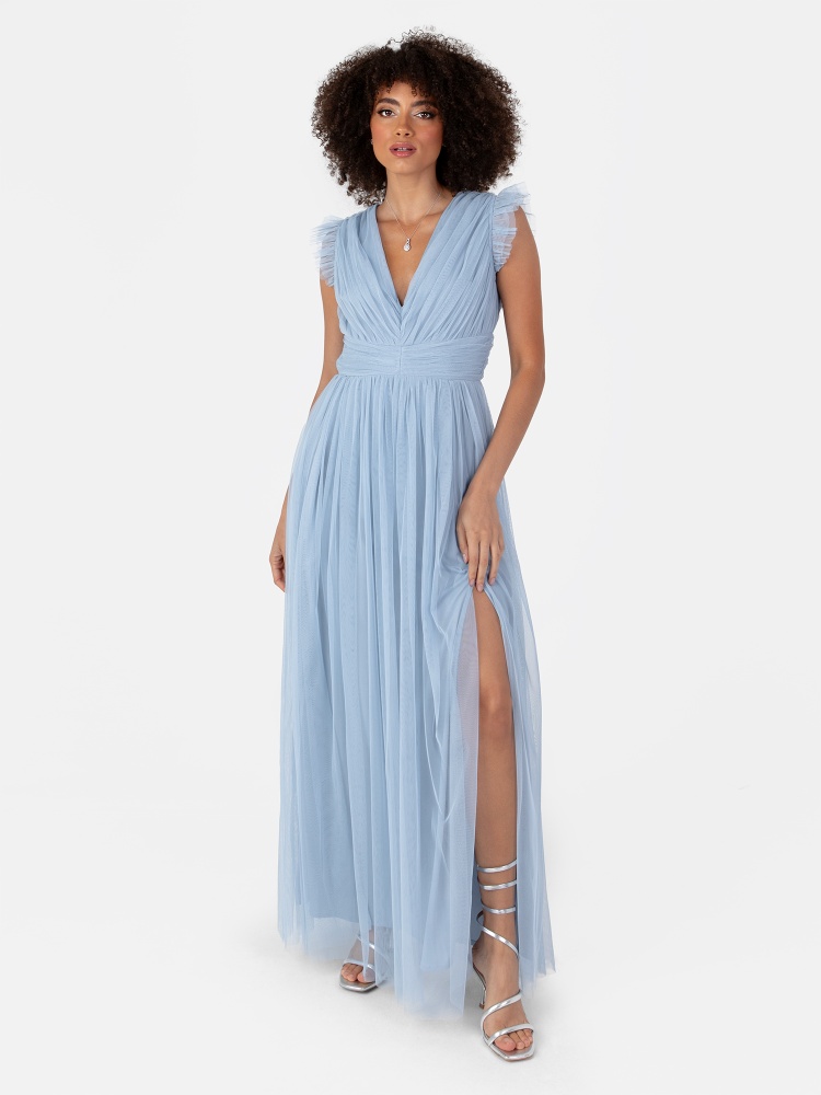 Anaya With Love Recycled Soft Blue Flutter Sleeve Maxi Dress