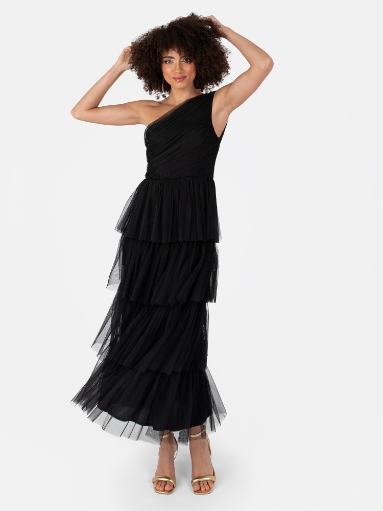 Anaya With Love Recycled Black One Shoulder Tiered Midi Dress