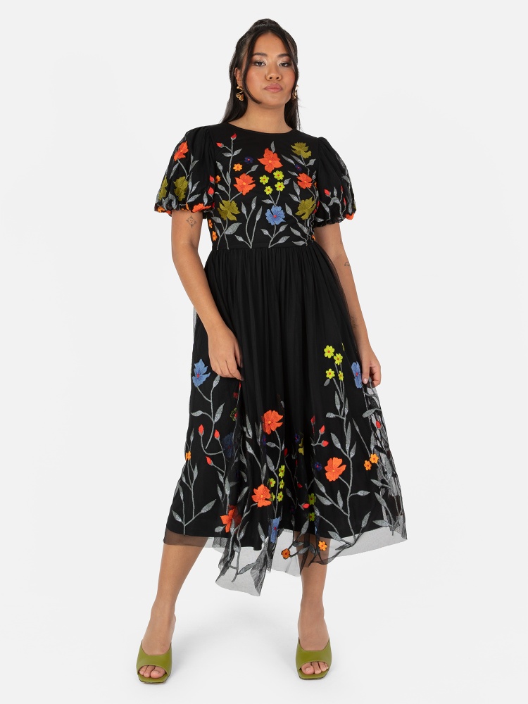 Maya Black Floral Embroidered Midi Dress With Keyhole Back