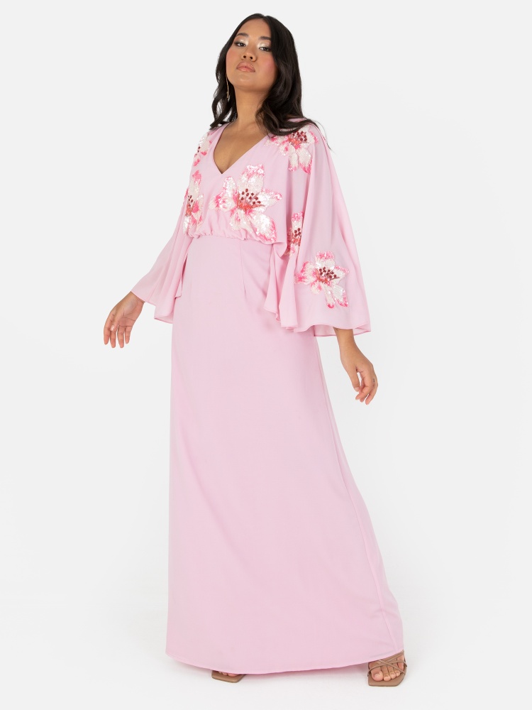 Maya Pink Floral Embellished Long Sleeve Maxi Dress