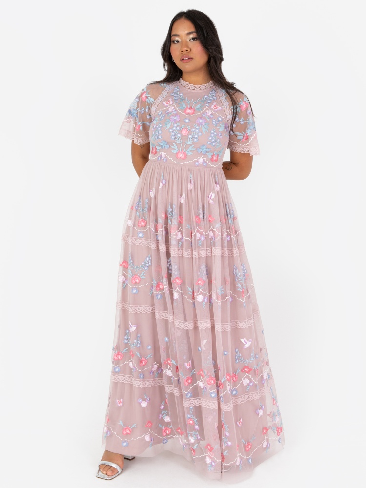Maya Frosted Pink Embroidered Maxi Dress with Lace Trims