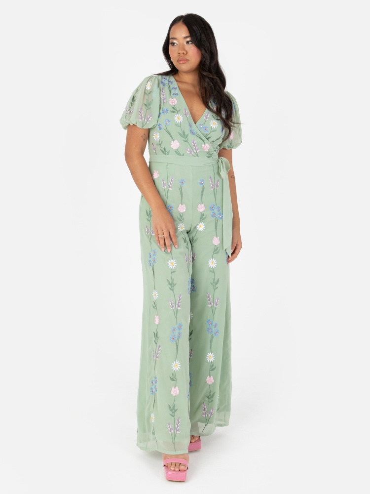Maya Green Lily Embroidered Open Back Jumpsuit