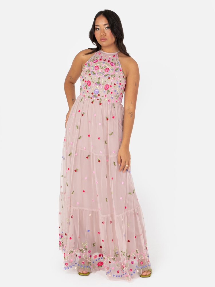 Maya Frosted Pink Halter Neck Embroidered Tiered Maxi Dress