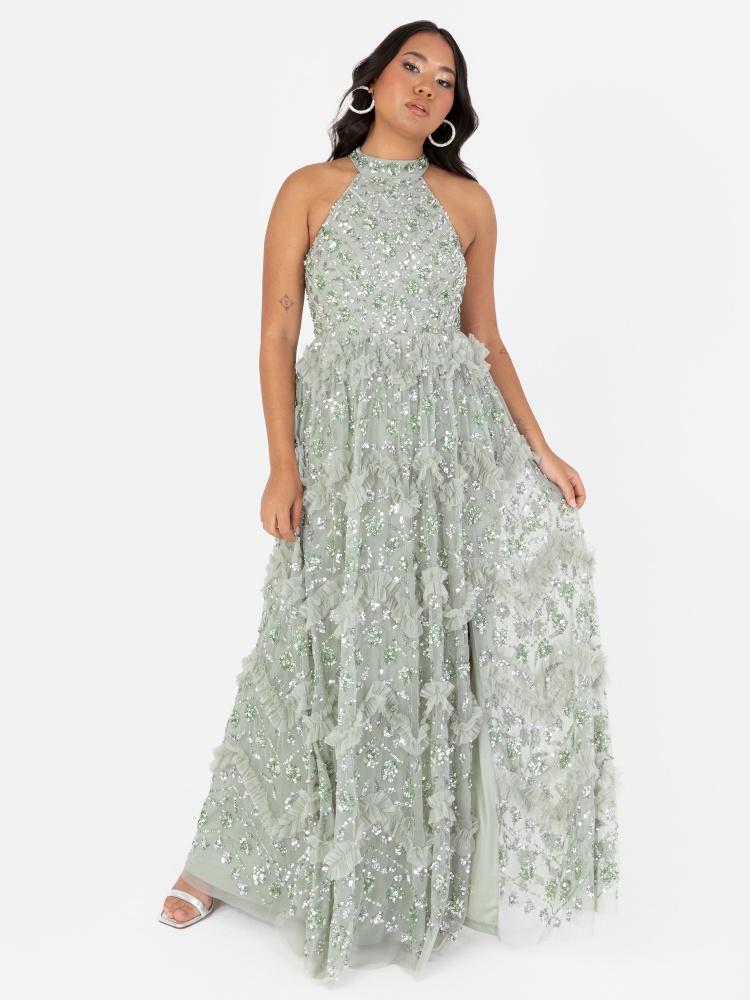 Maya Sage Green Fully Embellished Halter Neck Maxi Dress with Skirt Split