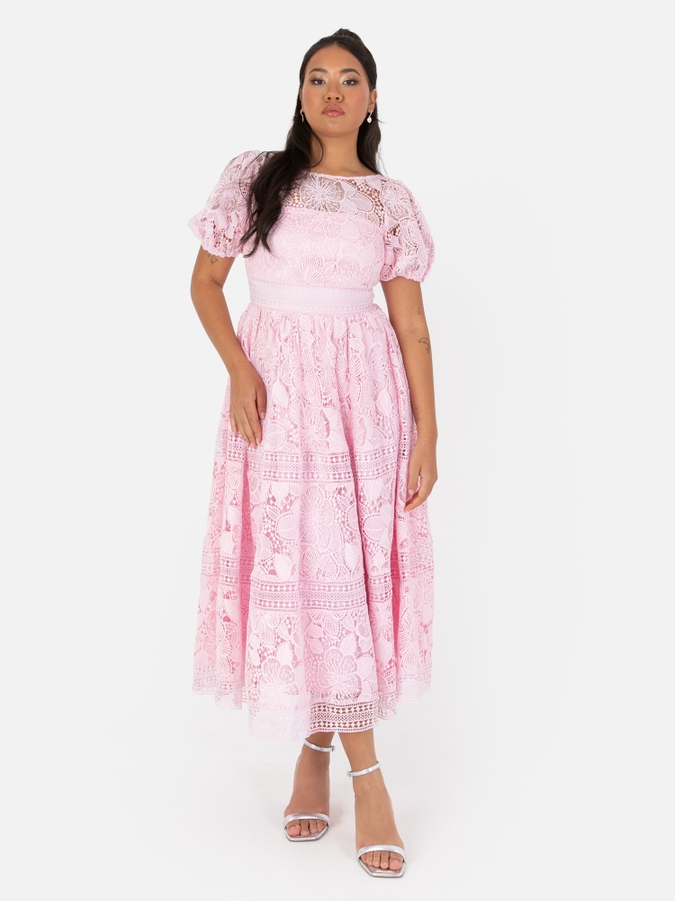 Maya Pink Premium Floral Lace Midi Dress with Lace Up Back
