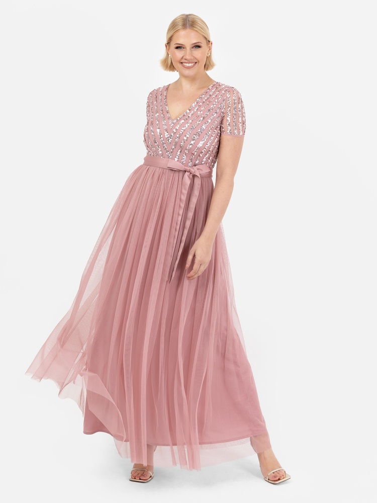 Maya Dusty Pink Stripe Embellished Maxi Dress With Sash Belt