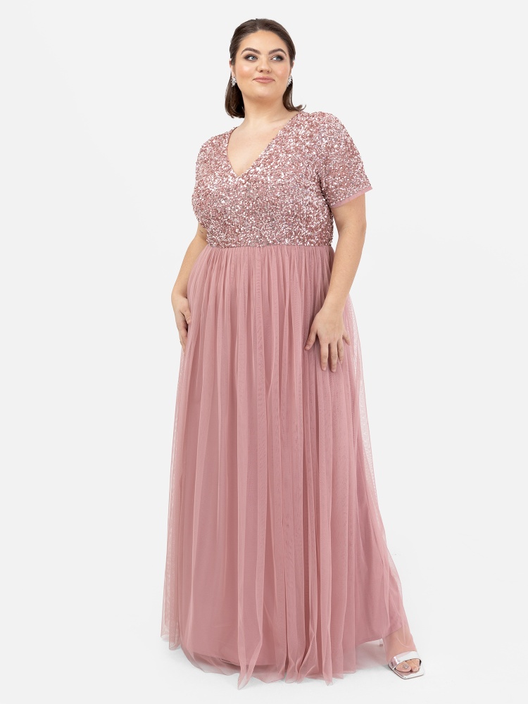 Maya Dusty Pink V Neckline Embellished Maxi Dress