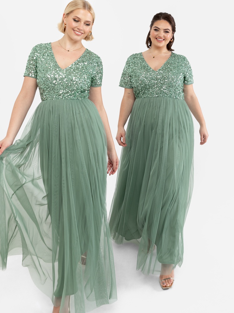 Maya Dark Sage Green V Neckline Embellished Maxi Dress