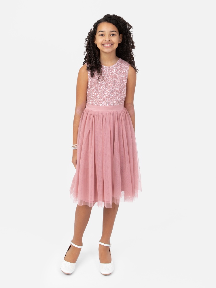 Mini Maya Dusty Pink Delicate Sequin Midi Dress With Bow
