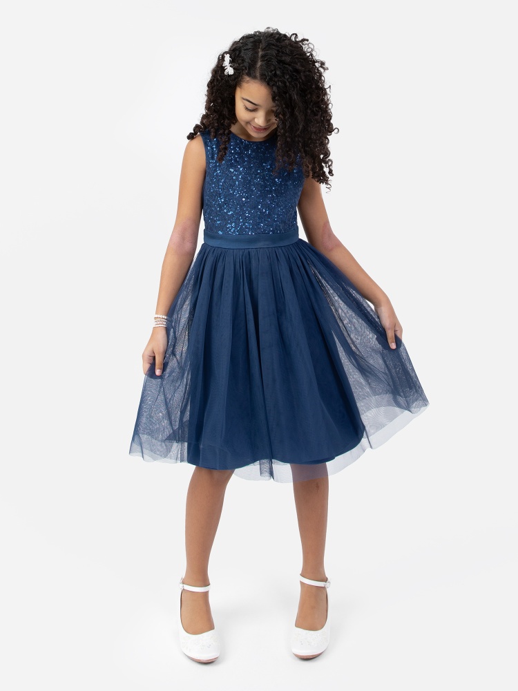 Mini Maya French Navy Delicate Sequin Midi Dress With Bow